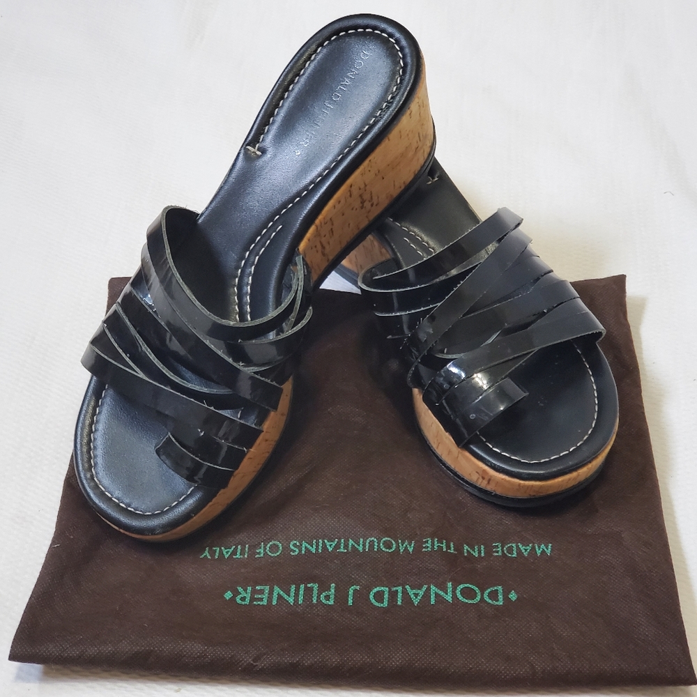 PRICE DROP! Donald J. Pliner Black Patent Leather Cork Wedge Sandals